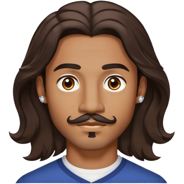 Young man with medium brown skin, mixed-race ethnicity, long wavy dark brown hair with an EXTREMELY PRECISE CENTER PART exactly aligned with the middle of the face, hair parted perfectly symmetrically on both sides, mustache separated from goatee, medium brown eyes, small diamond stud earrings, head only emoji
