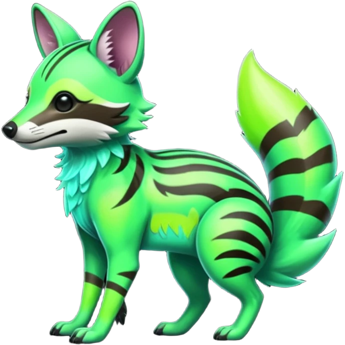 Shiny Green Neon Glossy Aardwolf-Maned-Numbat-Tanuki-Genet-Bobcat-fusion-animal-hybrid-creature, full body emoji