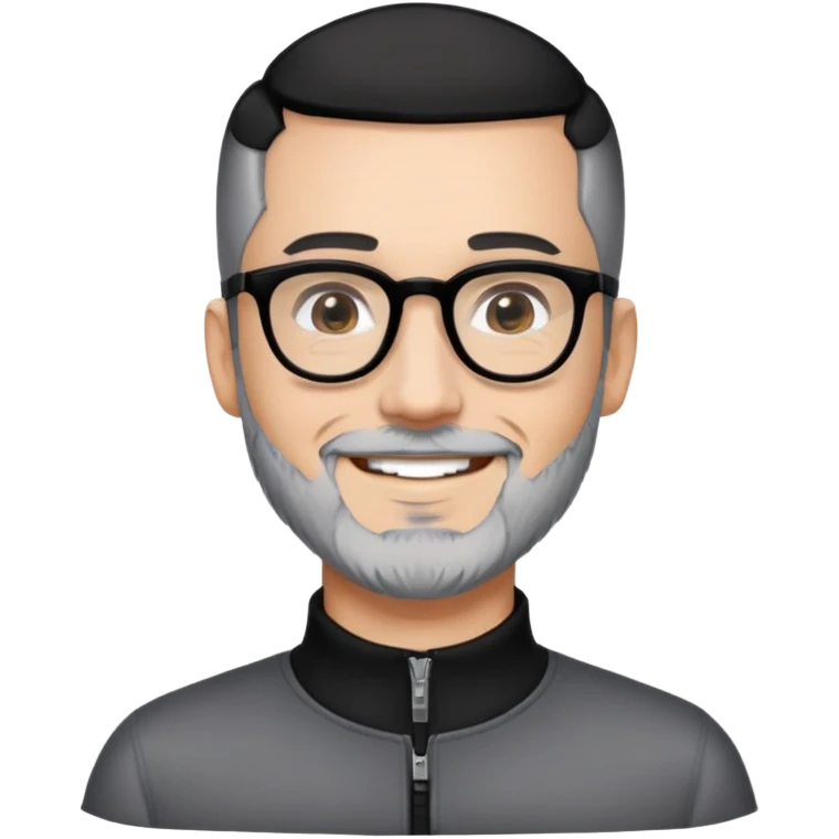 Man with light skin, black hair in near-buzz cut style (very minimal length), short peppered gray beard, large black-framed glasses, smiling face, black zip-neck long sleeve shirt emoji