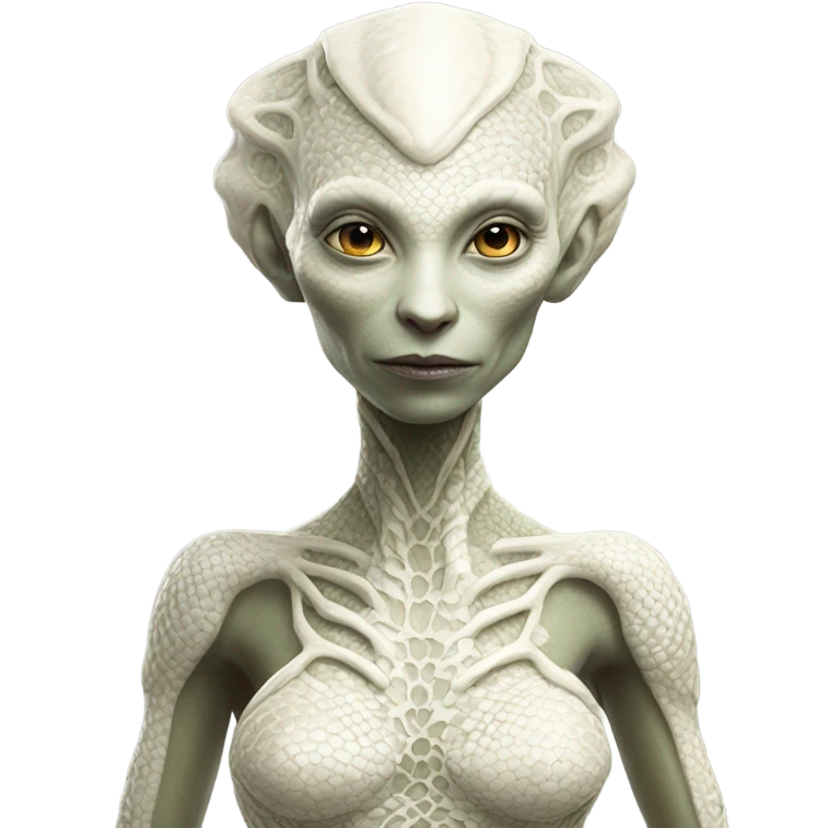 a full body portrait of a Reptilian alien woman with pale white skin and intricate scale patterns emoji
