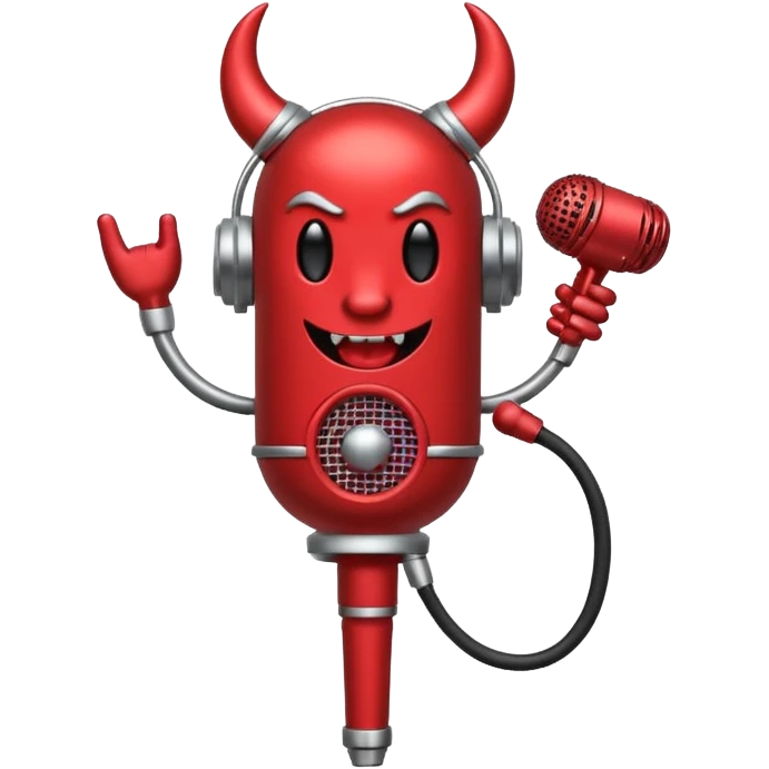 Minimalist emoji-style sticker of a classic retro microphone with small devil horns and a subtle tail wrapping the base. Grayscale with slight red accents.
 emoji