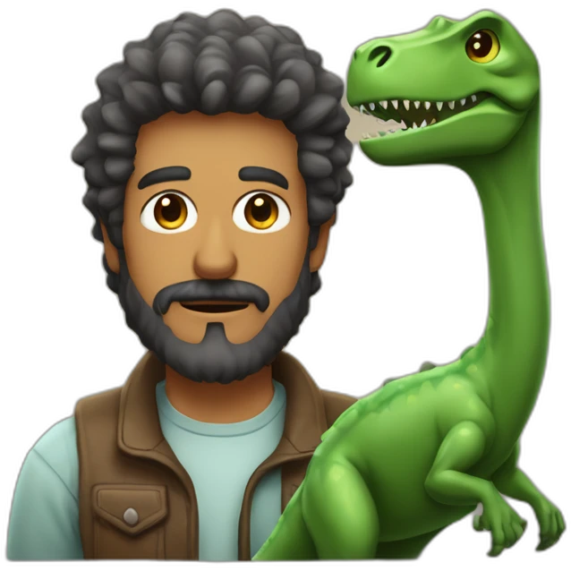 hombre de pelo castaño con barba, y ojos verdes Junto a un dinosaurio emoji