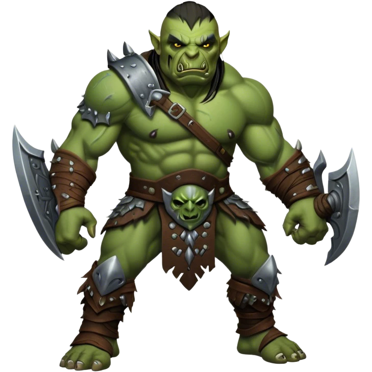 Cinematic Realistic WoW Orc Warrior Portrait, captured in a dynamic, battle-ready stance, muscles bulging beneath intricately detailed tribal armor accented with dark leather and iron. His fierce, determined eyes and battle-scarred green skin are rendered with dramatic natural lighting and high shine, exuding raw, relentless fury in a fierce combat pose. emoji