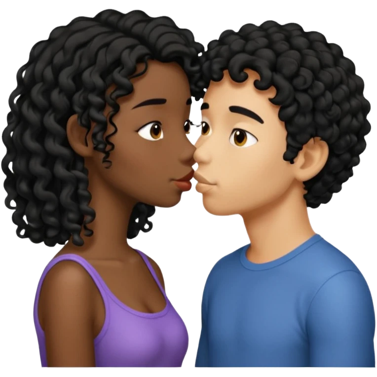 À string man with short straight black hair kissing a shorter girl with long black curly hair emoji