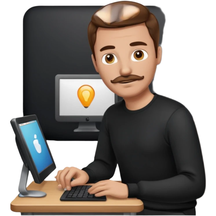  man with mustache, brown hair, 33years old, shirt, high temple Black pullover with a white shirt underneath and black fabric trousers work with couputer emoji