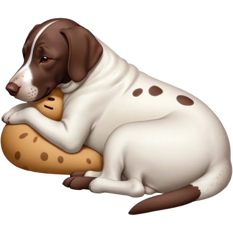 Cinematic Meme-Worthy Chubby Sleeping German Pointer Portrait Emoji, Head resting peacefully with a contented smile, showcasing a delightfully chubby build and a luxuriously soft liver and white coat, eyes shut in a serene nap, Simplified yet hilariously adorable features, highly detailed, glowing with a soft, drowsy light, high shine, relaxed and utterly lovable, stylized with an air of playful laziness, bright and heartwarming, soft glowing outline, capturing the essence of a comically sleepy hunter, so meme-worthy it feels like it could instantly become the next viral sensation of adorable slumber! emoji
