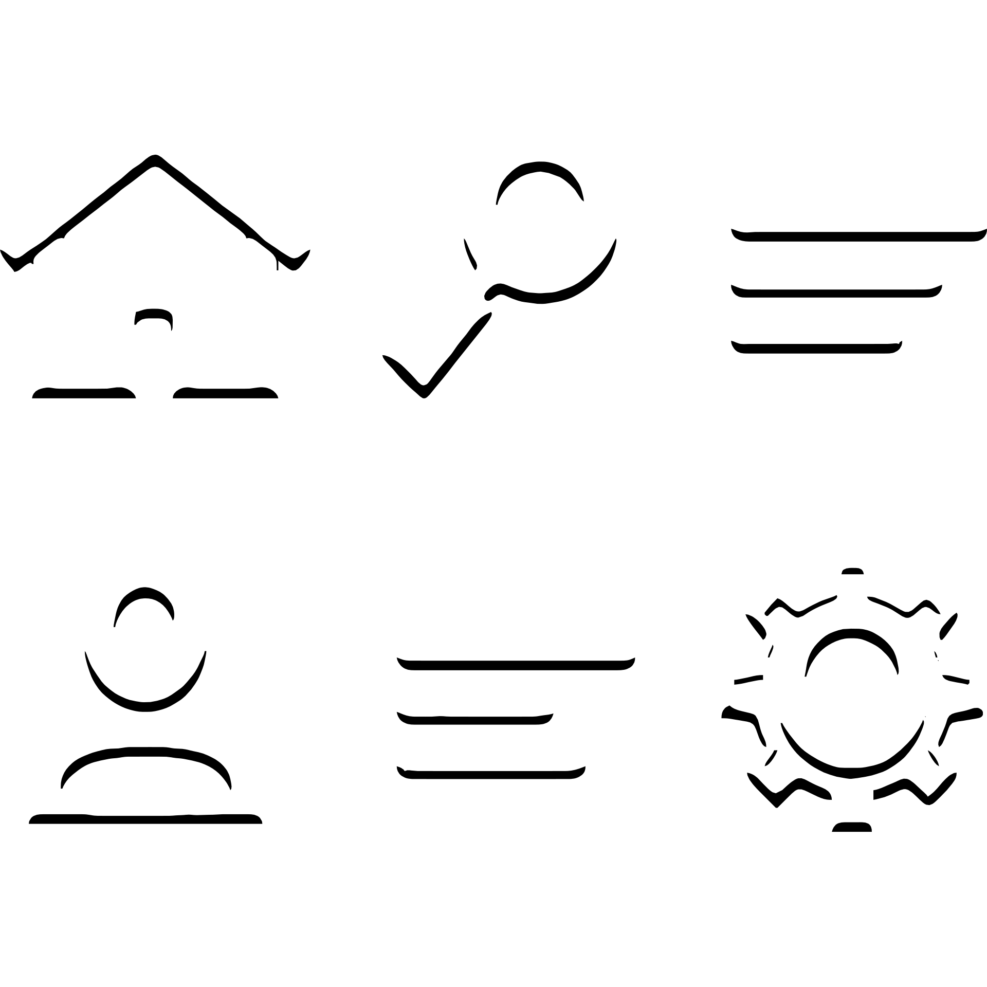 Minimalist website navigation icons: house for home, magnifying glass for search, three lines for menu, person silhouette for profile, and gear for settings emoji
