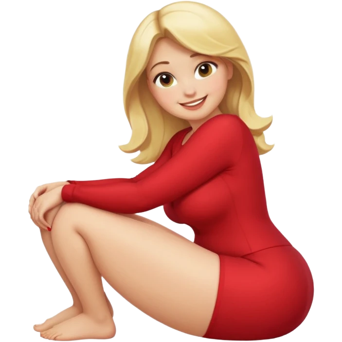 fullbody curvy blonde woman, front view, bending over, sitting on her feet, smiling, SFW, no explicit content, apple emoji style emoji