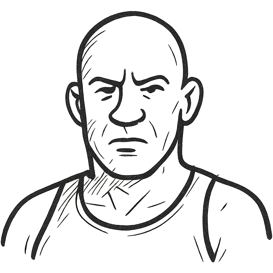 Dominic Toretto character portrait, hand drawn black outline style emoji