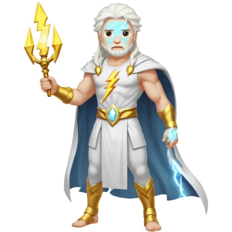 Zeus, whole body, white clothes, long white  hair, lightnings emoji
