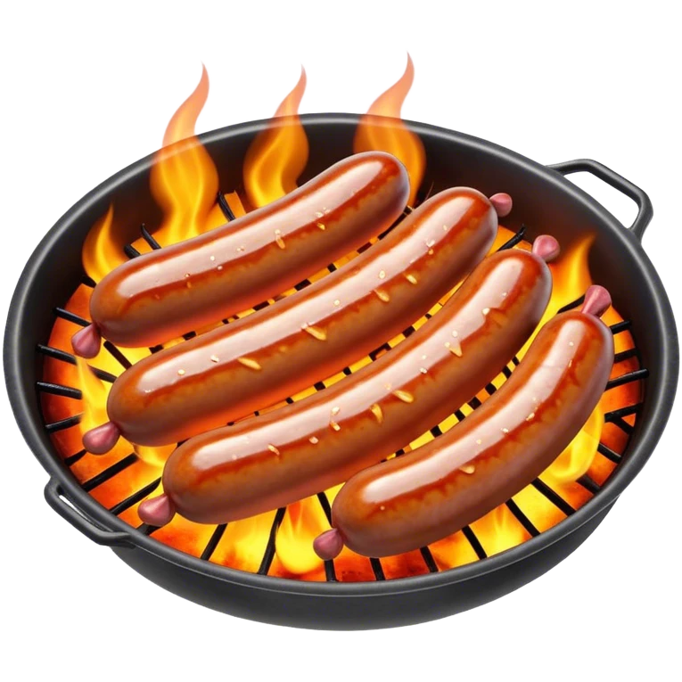 Cinematic Realistic Sausage Sizzle Dish Emoji, featuring sizzling sausages cooking over an open flame rendered with dynamic textures and warm, smoky lighting. emoji
