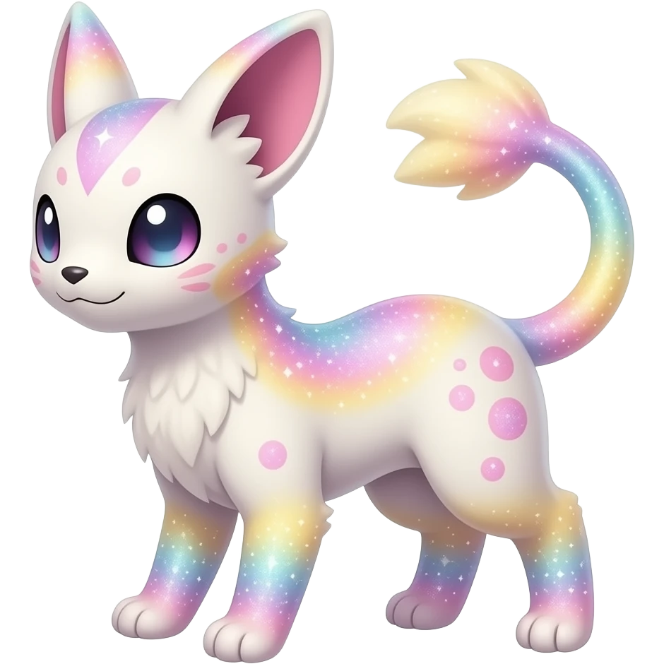 Rare realistic exotic pastel whitish pinkish yellowish gradients shiny sparkly divine celestial spiritual iridescent cute epic pretty beautiful handsome gorgeous aesthetic colorful vibrant Vernid-Trico-species-Fakemon-creature by LiLaiRa, 4 legs, 1 tail, random markings, (full body) emoji