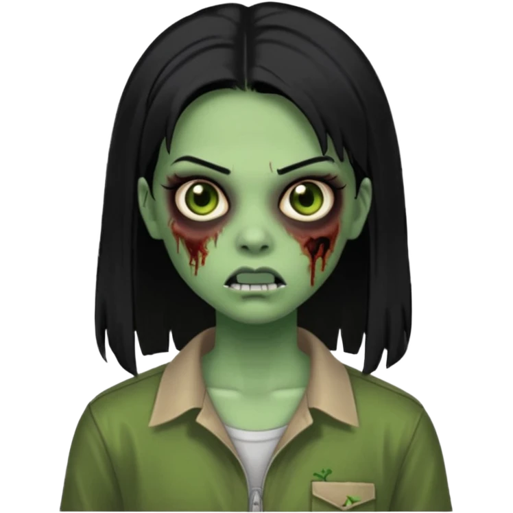 Faça uma zombie verde com olhos castanhos, cabelos pretos liso e com estilo baddie y2k emoji