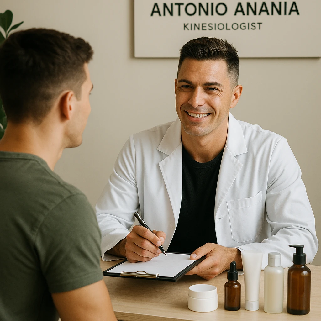 Create a realistic image of a young man visiting Antonio Anania, a kinesiologist, for a kinesiology consultation about cosmetic products. Antonio Anania should resemble the person in the reference photo. Show a professional and positive studio scene with visible cosmetic products. emoji