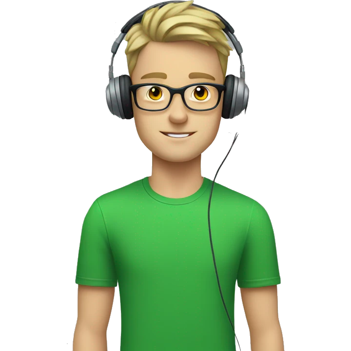 white young man with square glasses and blue eyes wearing green t-shirt with laptop and headphones emoji