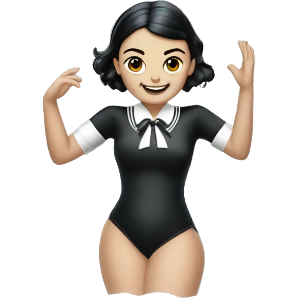 School Loving Skipper, Wednesday Addams, Smiling, dancing on a rock. Wearing organza voile shiny piece swimsuit.  emoji