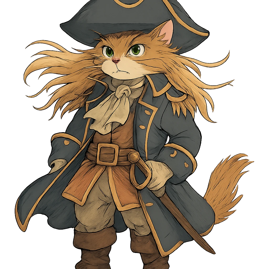 ghibli style cat dressed as pirate captain with flowing fur and detailed costume emoji