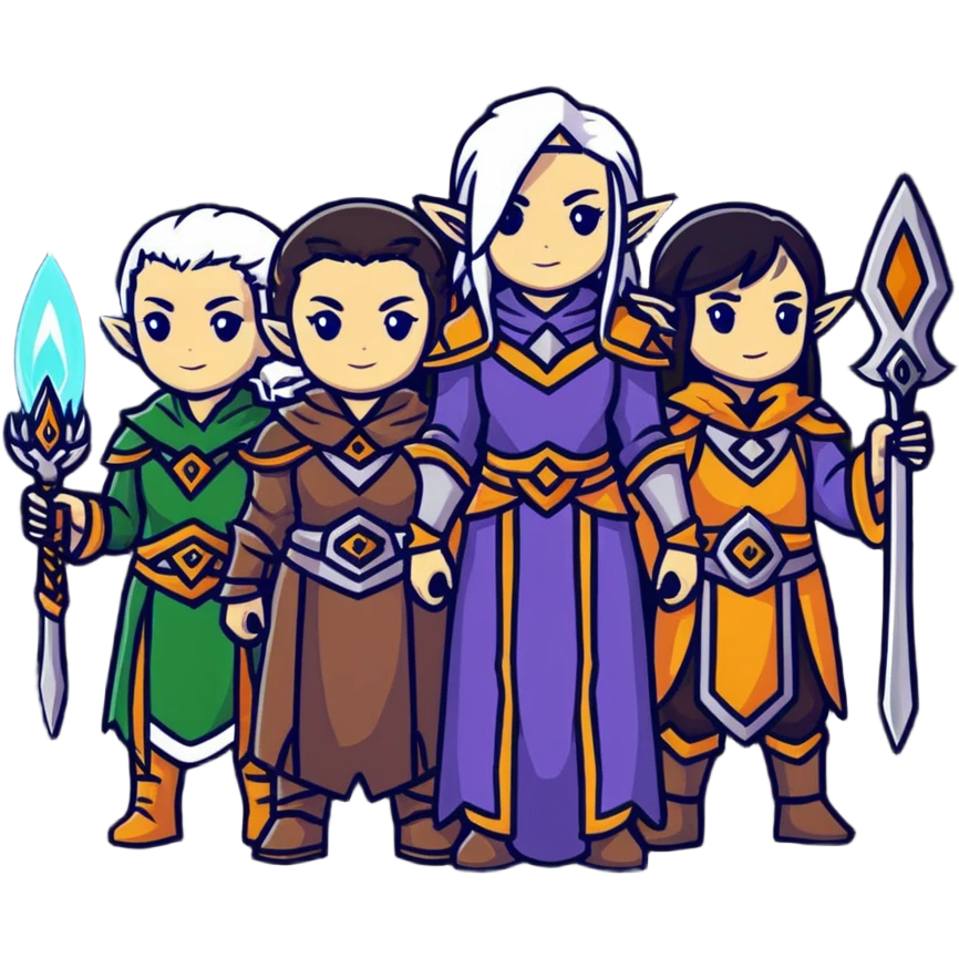 Lineage 2 female characters with Human mystic, Elven ranger, female Dwarf artisan, and Dark Elf sorceress emoji
