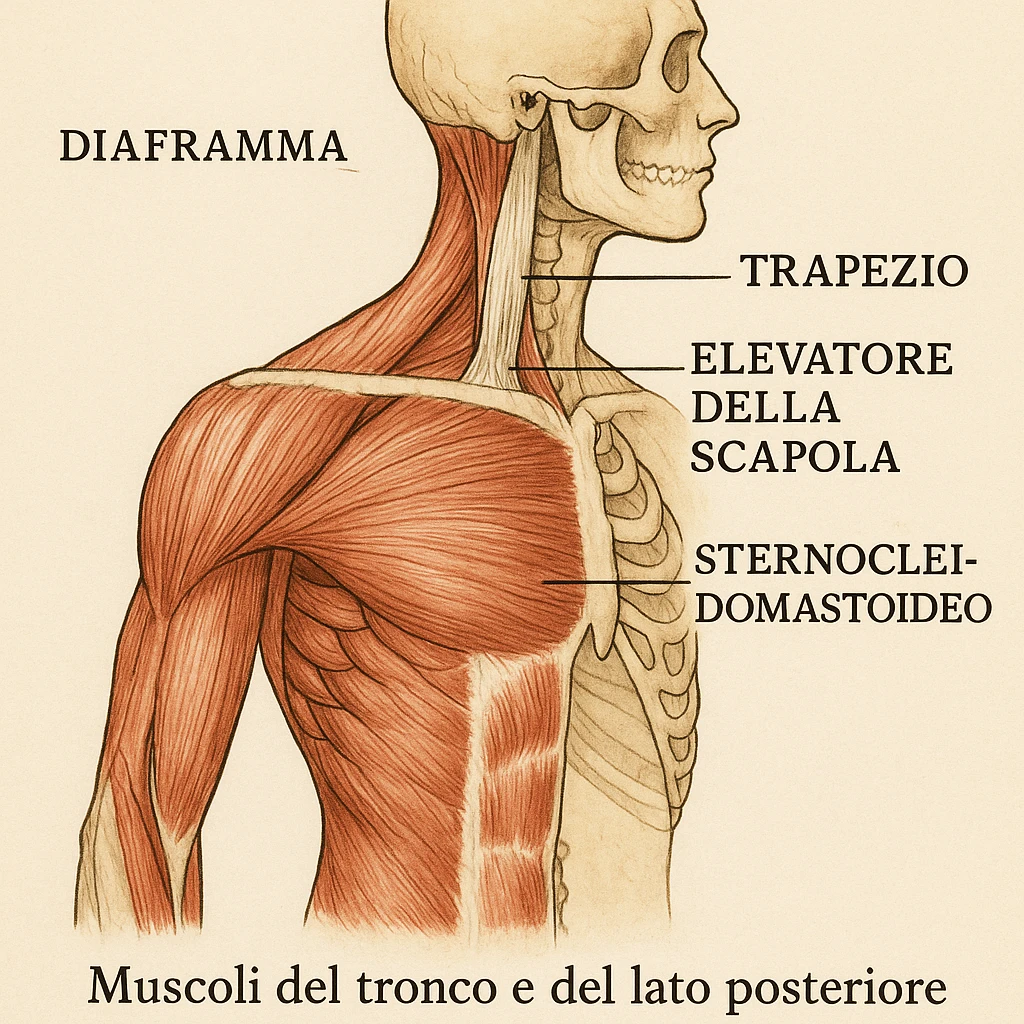 illustrazione anatomica con etichette in italiano di diaframma, trapezio, elevatore della scapola, sternocleidomastoideo, didascalia in italiano emoji