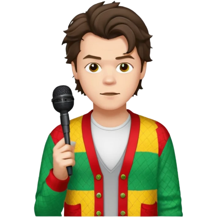 harry styles with a mic, he is wearing a patchwork colorful (red, yellow,green) cardigan and a white t-shirt under emoji