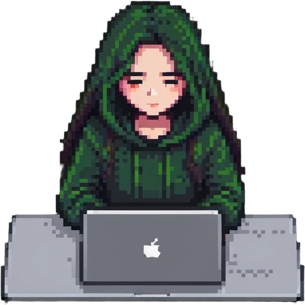 girl hiding her face while working behind a MacBook, pixel art style emoji