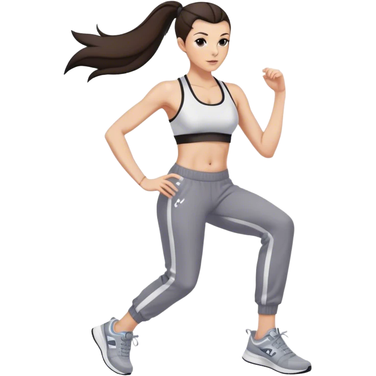 Melanie chisholm with a dark brown high ponytail wearing a sports bra and track pants with sneakers emoji