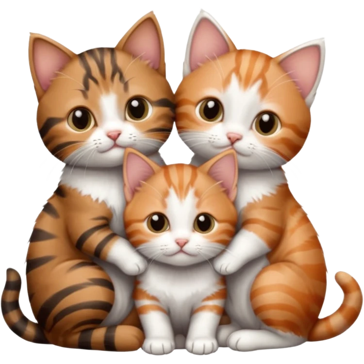 3 very small kittens cuddling together all different colours, the first one is grey and white, the second is ginger and white and the third is brown tabby and white emoji