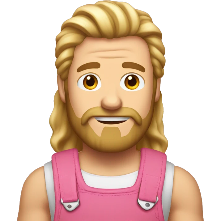 A man with long blonde hair, sideburns wearing a sleeveless pink pair of dungarees and hairy shoulders no beard  emoji