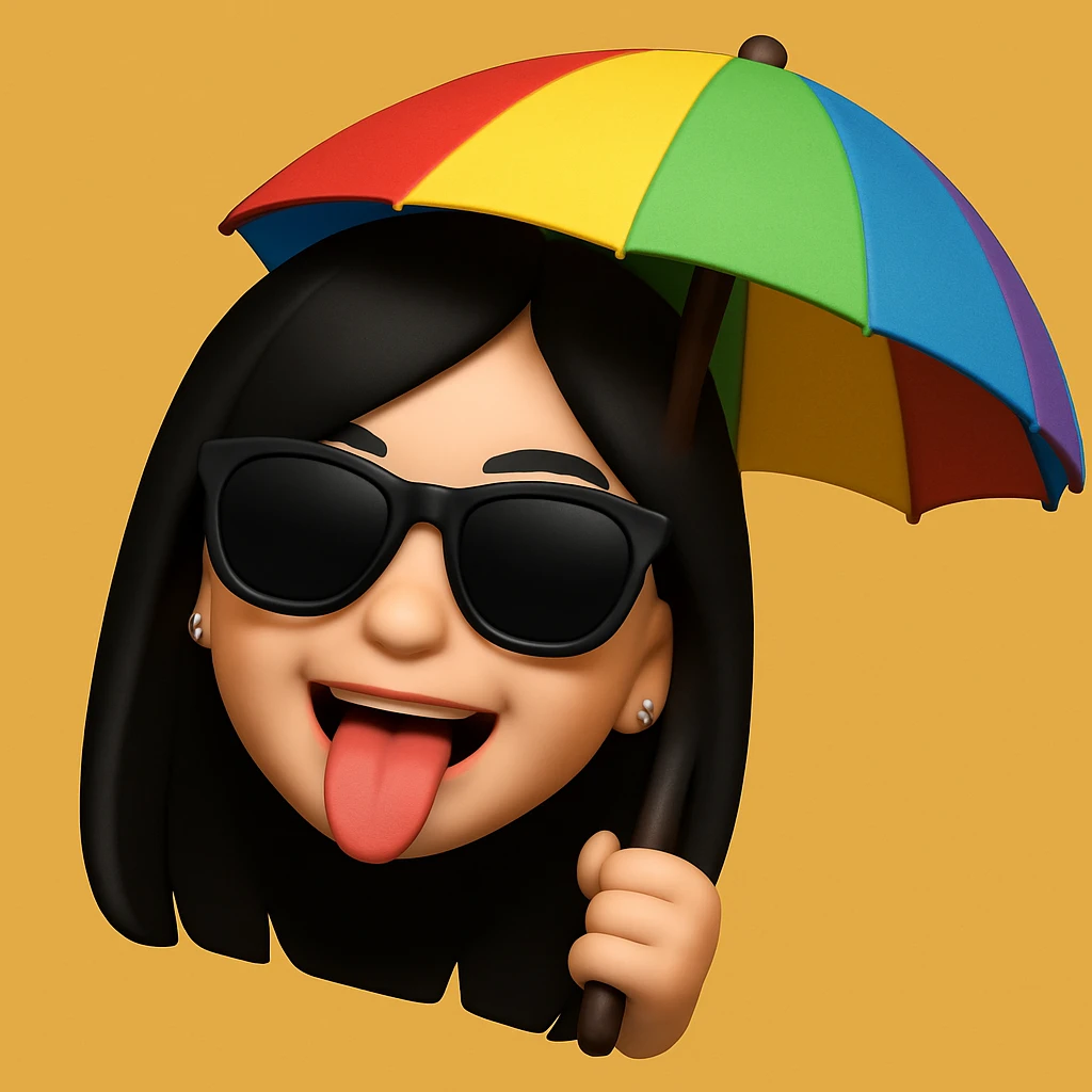 Create a fun 3D cartoon style memoji of the same girl wearing dark sunglasses and holding an umbrella, maintaining the playful and vibrant 3D memoji style. emoji