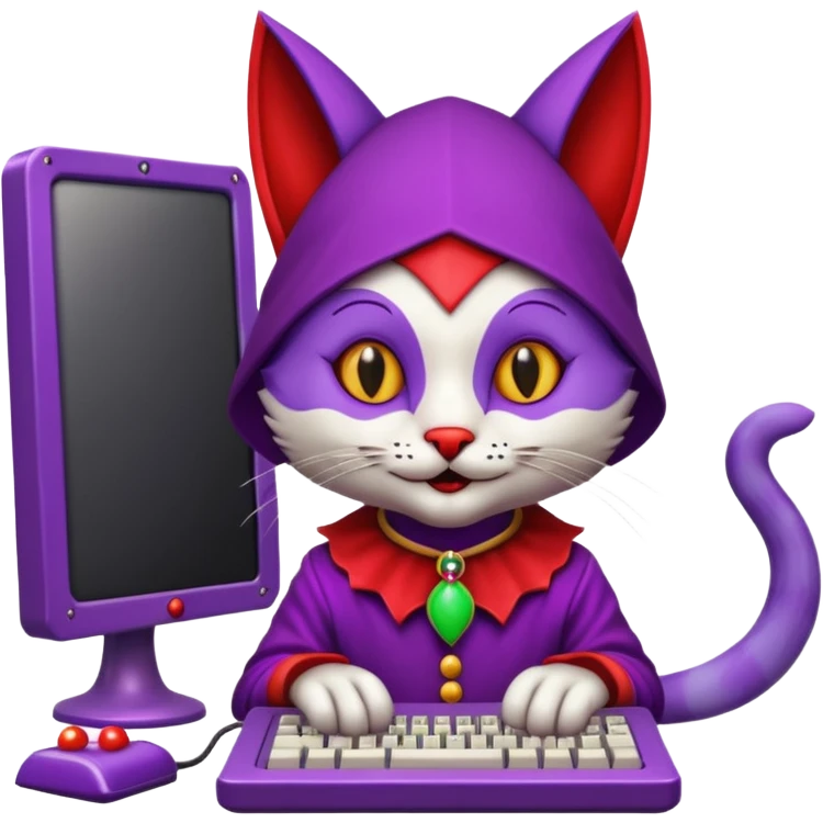 crazy colorful cute little cat jolly joker from poker, medieval, vintage, court jester, mac os icon, purple and red color, half body. The cat is inside a retro computer terminal emoji