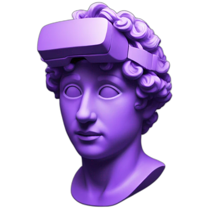 an EMOJI OF A ancient young greek statue, wearing VR headset, purple colors, DIGITAL UNIVERSE emoji