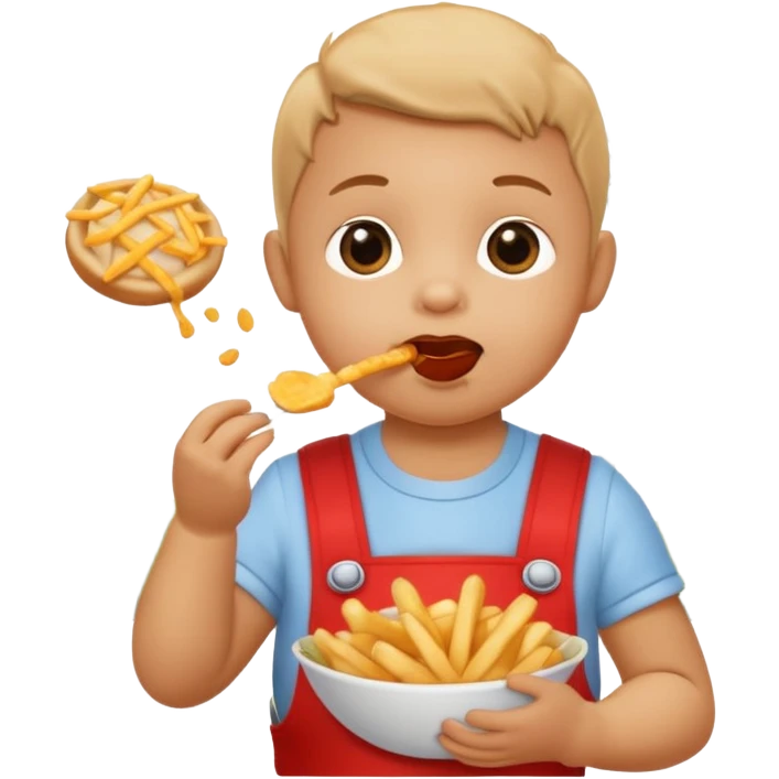 Transformer cette personne en bébé  occuper à  manger des fritte a bruxelles, devant latomium emoji