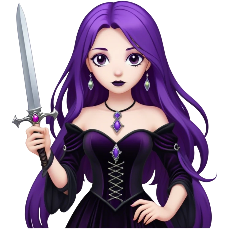 A gothic princess with long purple hair, in a black velvet dress, holding a silver dagger. emoji