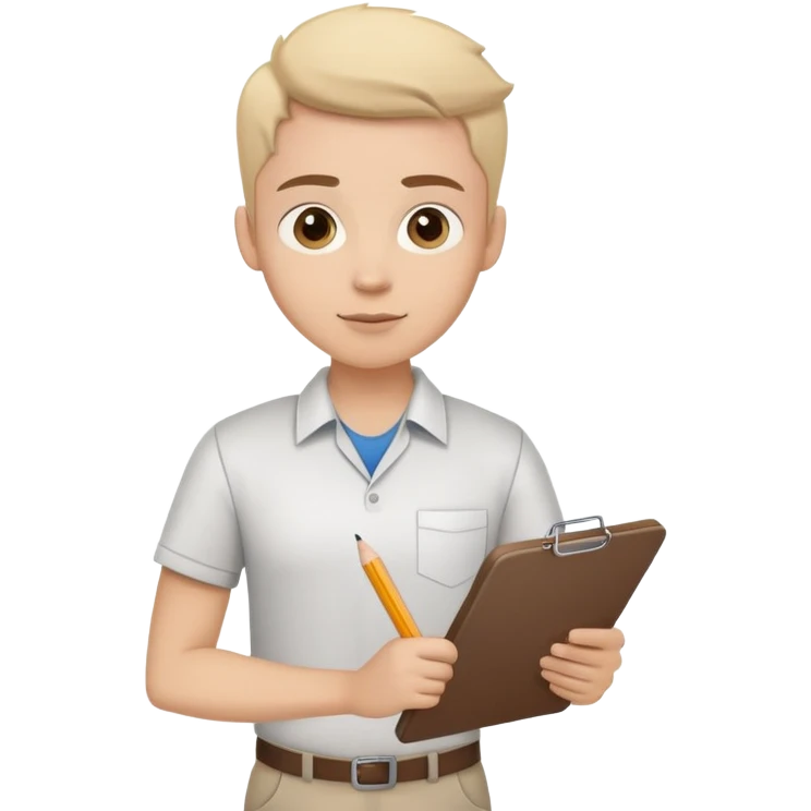 intern or volunteer holding a clipboard and pencil, ready to take notes or assist. The character wears a simple shirt and has an eager posture emoji