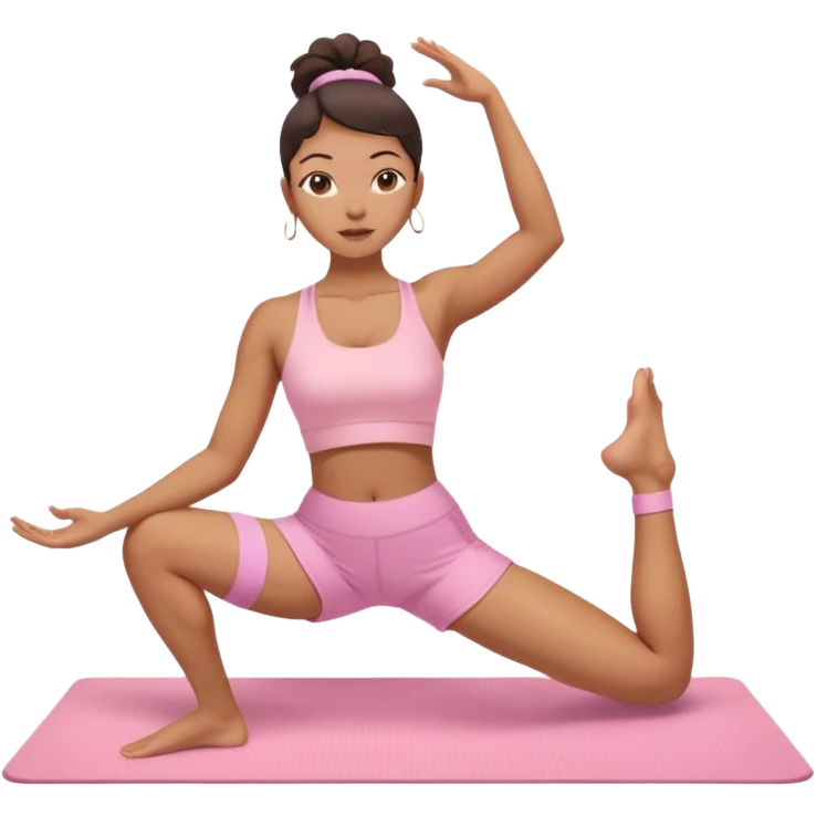 Mixed-race woman with caramel skin, slim thick silhouette, wearing pastel pink workout shorts and top, stretching on a yoga mat emoji
