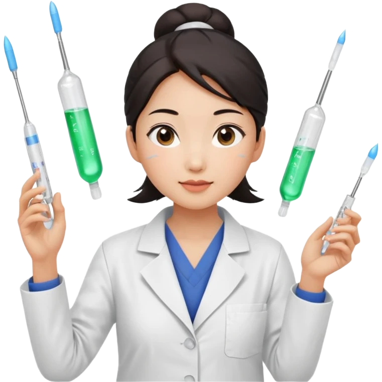 emoji of an asian woman with a single bun in a white lab coat sitting cross legged with micropipettes levitating above each hand. the tips should be pointing away from her and she should not be wearing a stethoscope emoji