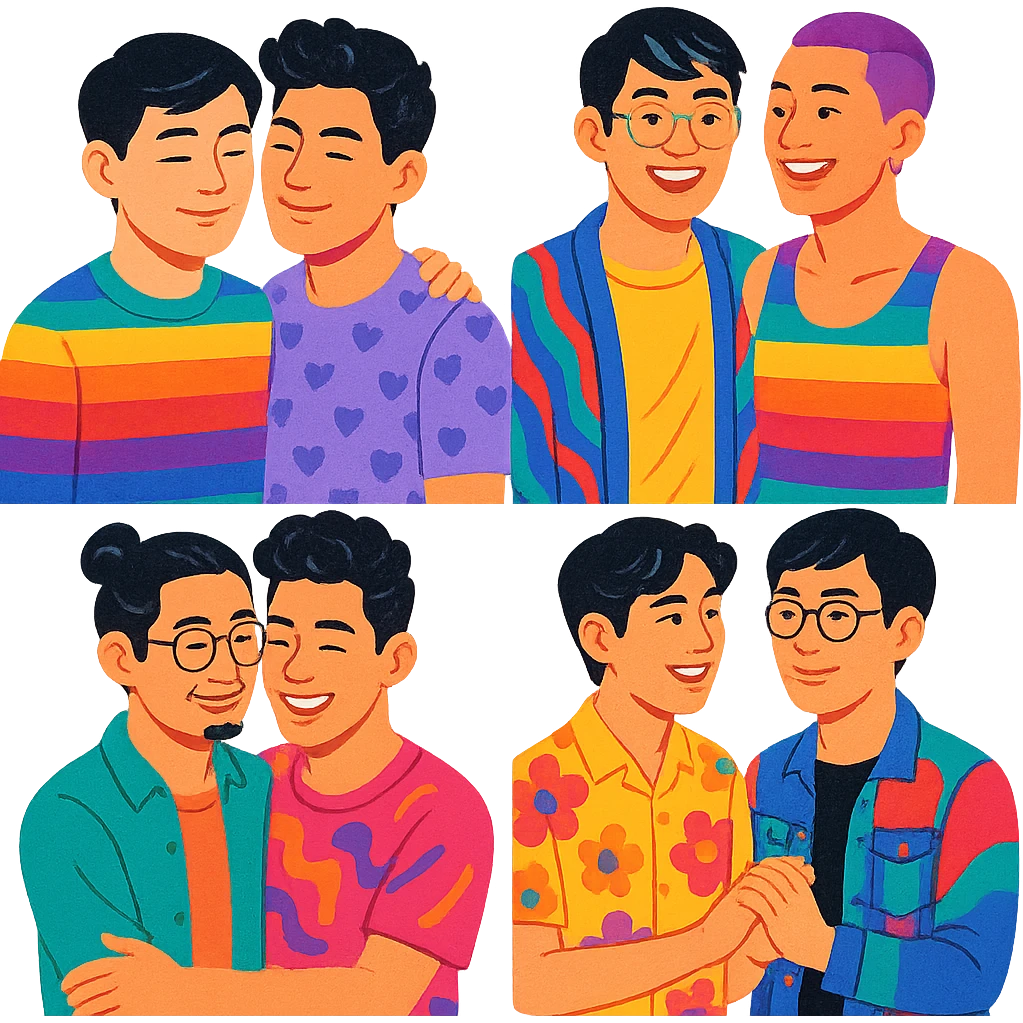 asian gay couple, various styles colorful vibrant diverse emoji