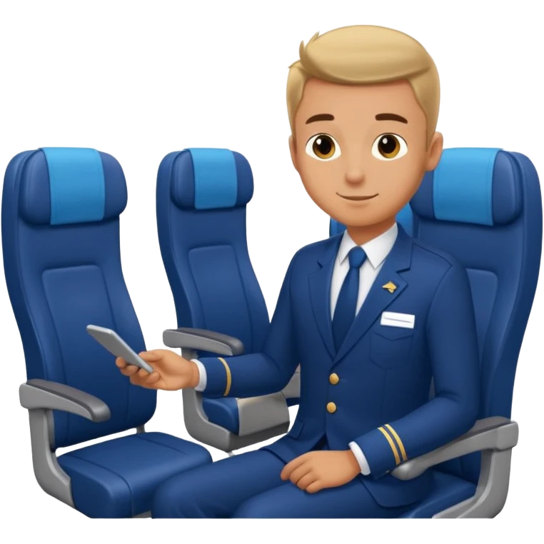 A  male courteous flight attendant checking seat rows with a polite, attentive posture. emoji