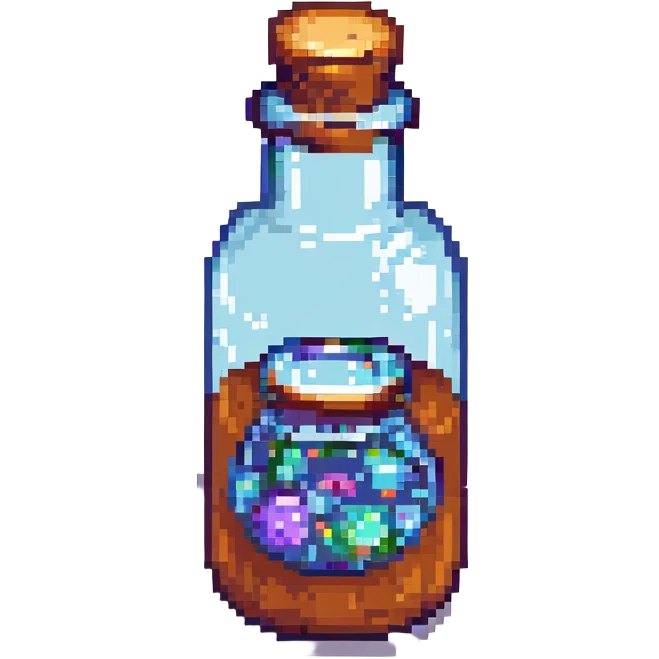 small potion bottle with a label in pixel art style emoji