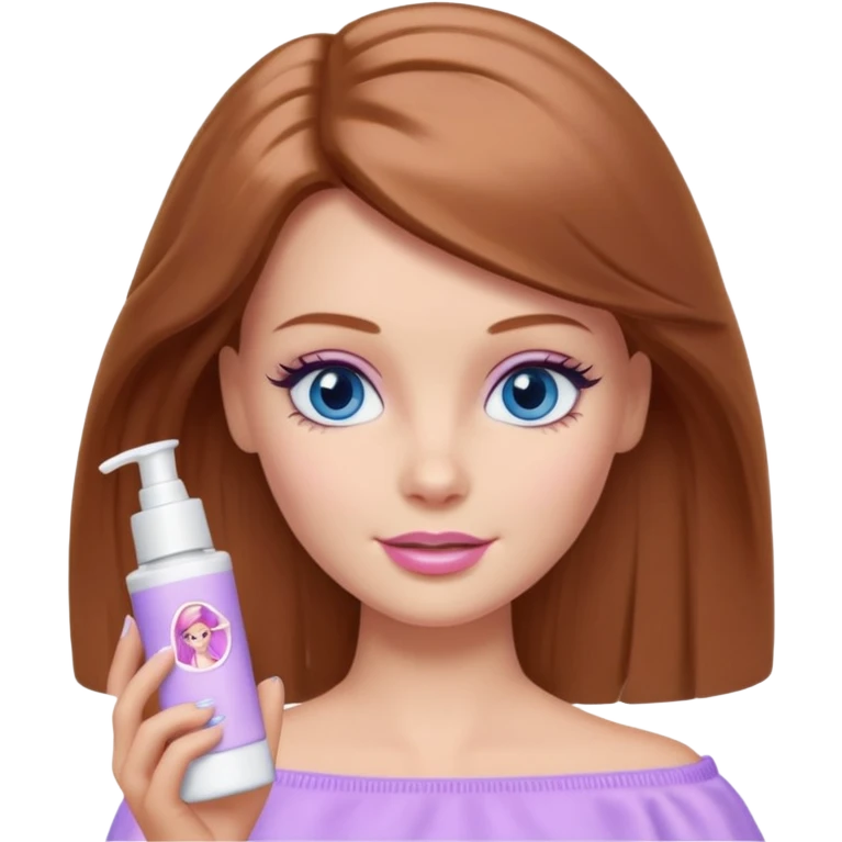Barbie girl Chestnut Shoulder-length hair and blue eyes is In pale purple applying cream on face emoji