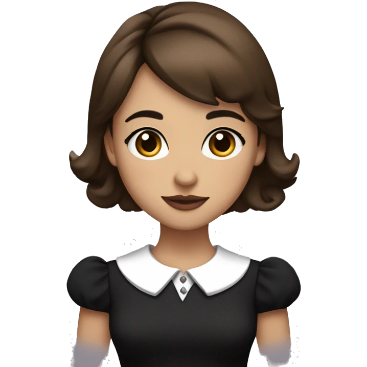 Girl, brown straight shoulder-length hair, plump lips, black eyes, fair skin, in a black dress with a white collar emoji
