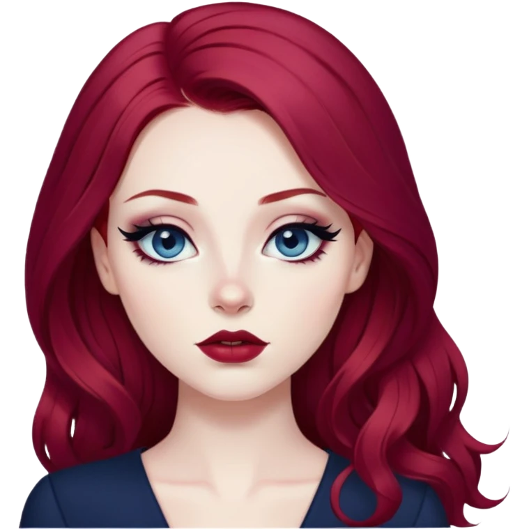 pretty baddie, wine red hair, cute lips, pale skin, long hair, dark blue eyes, bold black eyeliner emoji