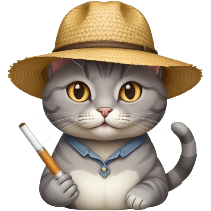 Gray cat wearing farmer hat and holding cigarette emoji