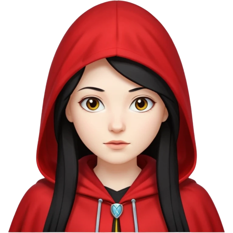 white girl with long straight black hair, white streak in hair, red hooded cloak emoji