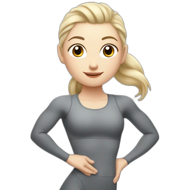 Pale skinned fit woman In a gray tight yoga suit With ash blonde hair in a ponytail doing yoga emoji