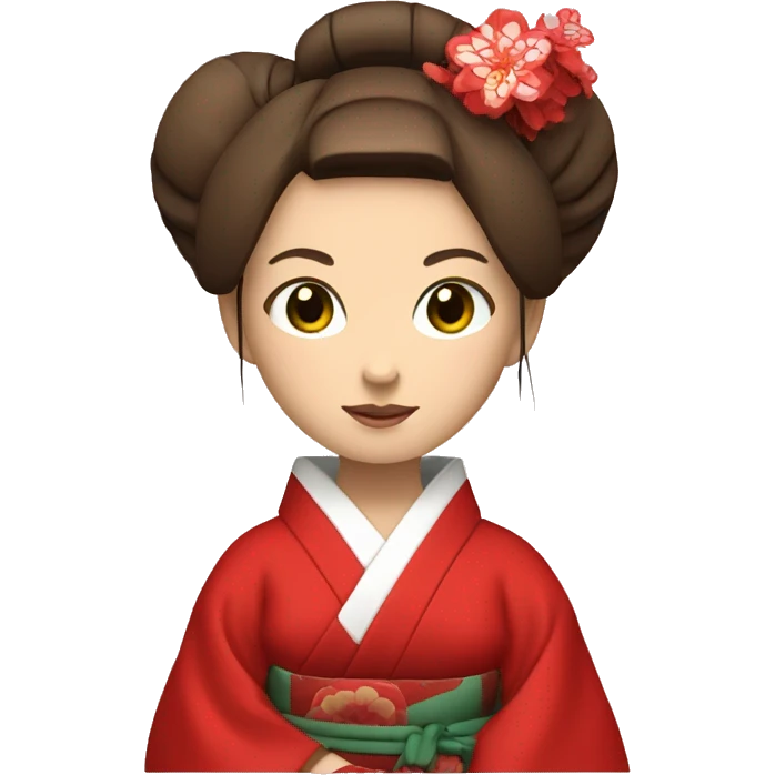 Geisha with red kimono. green eyes and brown hair  emoji
