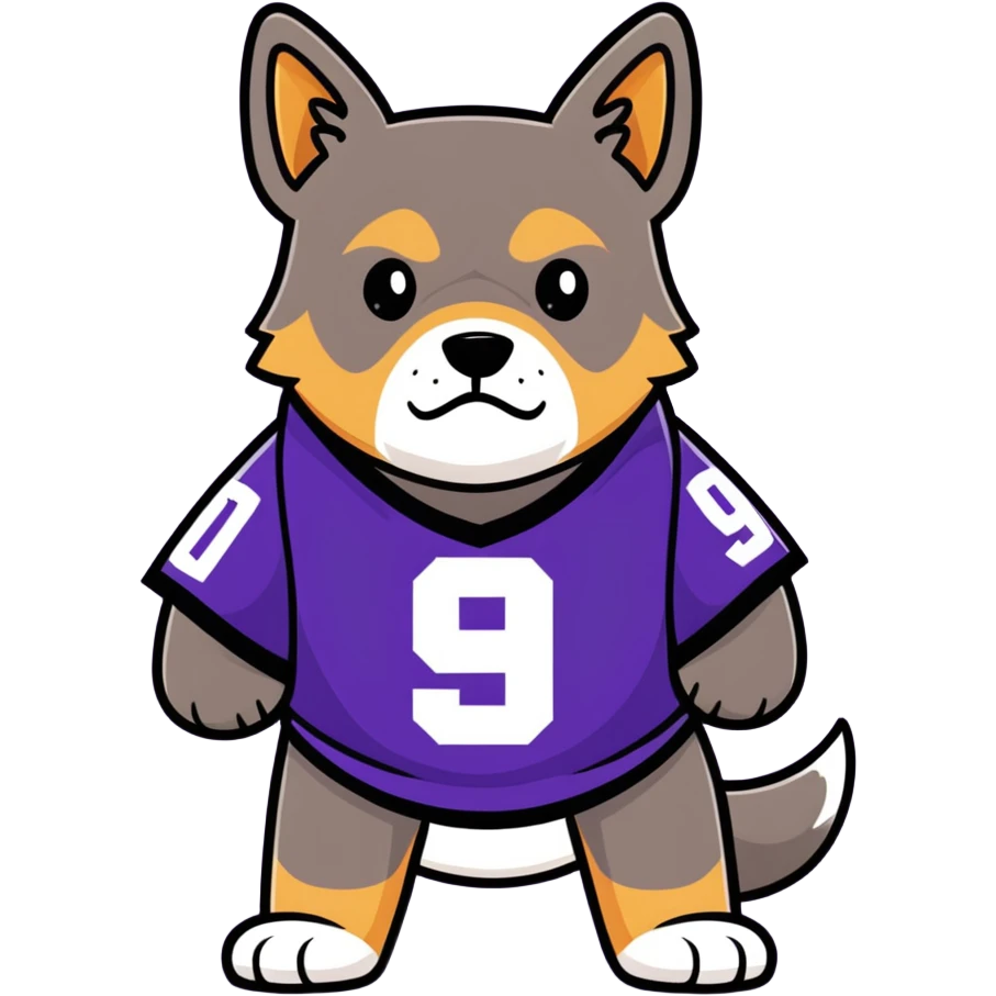 Tough Dog in the street with a purple jersey wearing 9 emoji