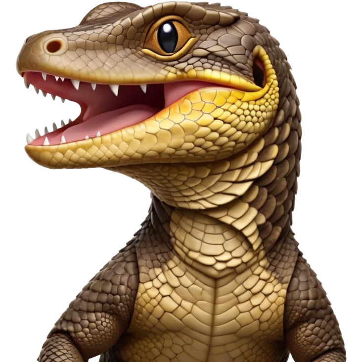 Cinematic Cute Yawning brown camo spotted monitor Lizard Portrait Emoji, Head tilted slightly with a dramatic, wide-open yawn, showcasing textured, patterned scales and sleepy, half-closed eyes exuding relaxed charm, Simplified yet irresistibly adorable features, highly detailed, glowing with a soft, cozy glow, high shine, relaxed yet expressive, stylized with a dash of whimsical wildness, soft glowing outline, capturing the essence of a drowsy yet affectionate reptile that appears ready to stretch out for a nap! emoji