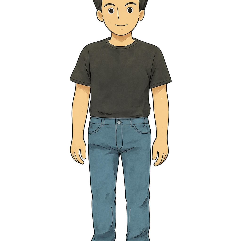 man wearing jeans and a black t-shirt, black hair, transparent background, ghibli style emoji