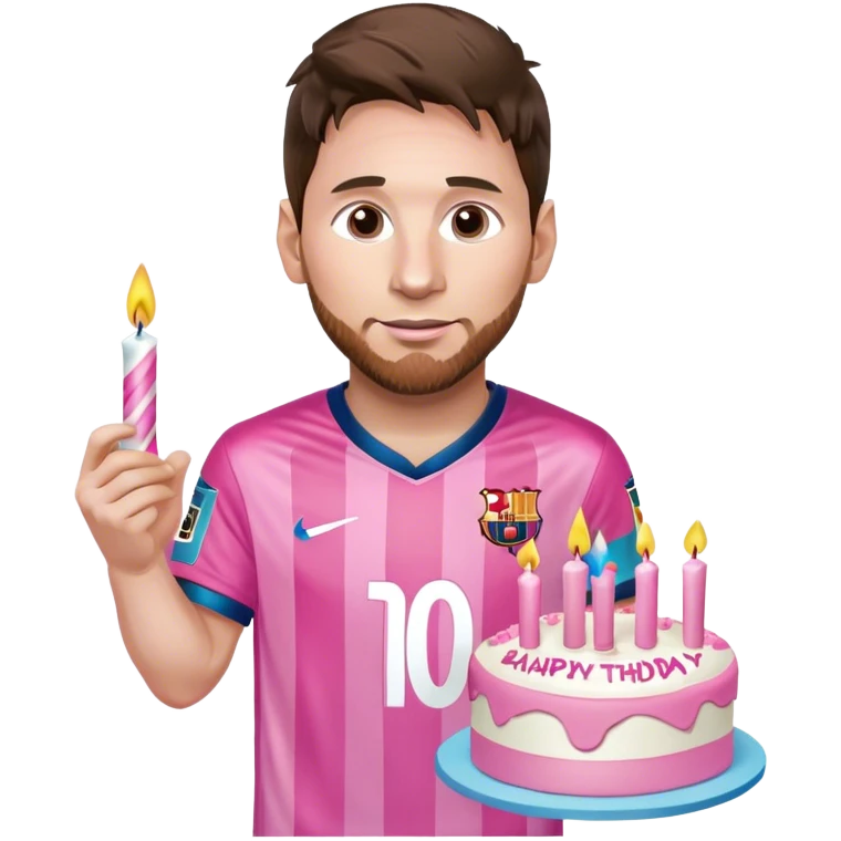 Lionel Messi wearing his jersey holding a pink pretty birthday cake emoji